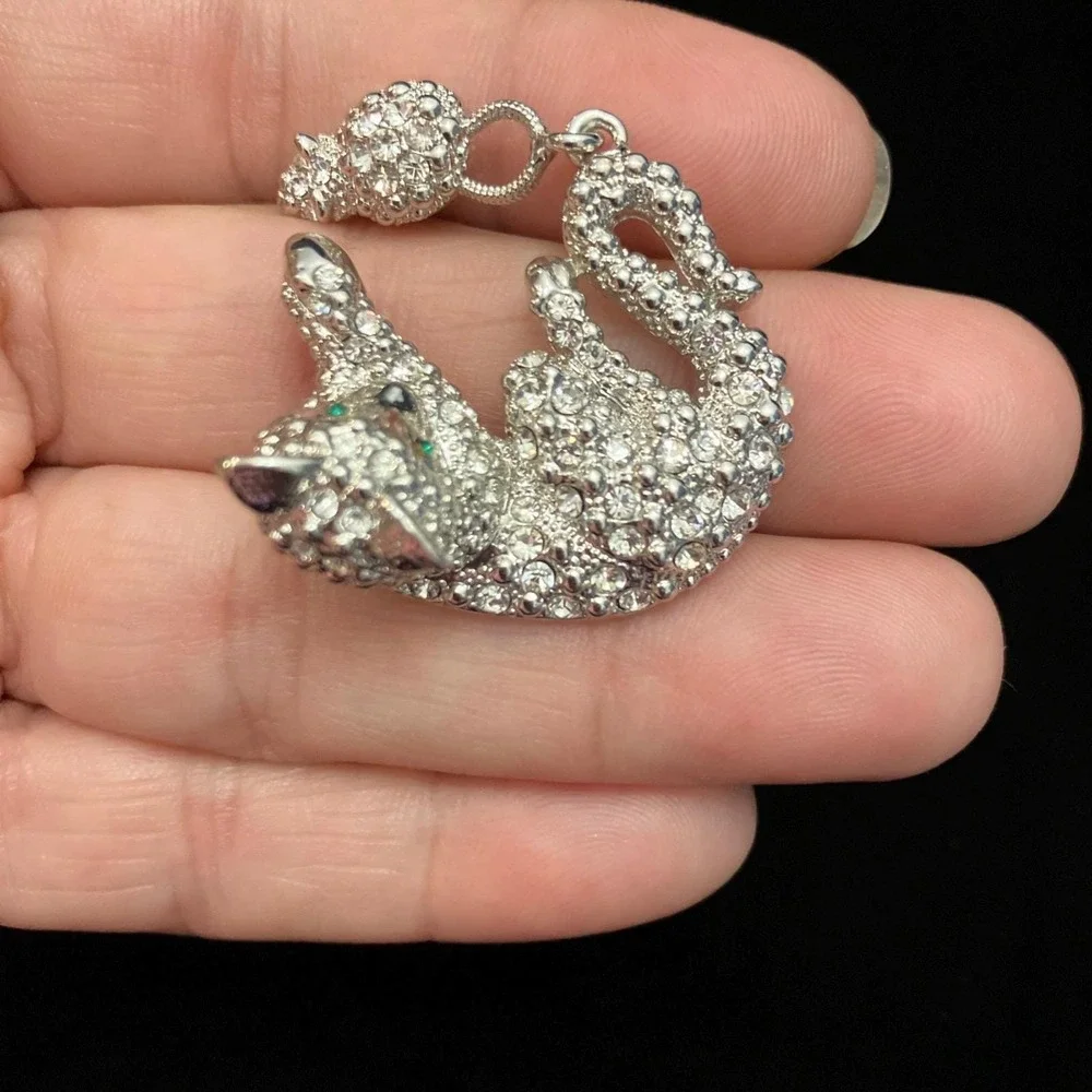 VTG Cat & Mouse Brooch Silver Tone Clear Pave Rhinestone Crystal Pin Green Eyes